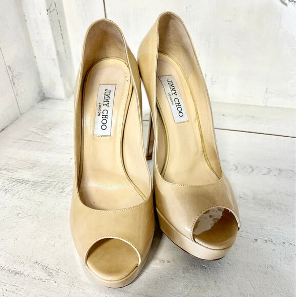 Jimmy Choo Crown Patent Leather Peep Toe Platform Pump Nude Womens Size 38.5 / 8 - Picture 4 of 11